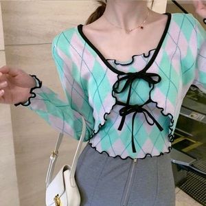 cute cardigan green blue purple pink plaid and gingham tie front with crop top